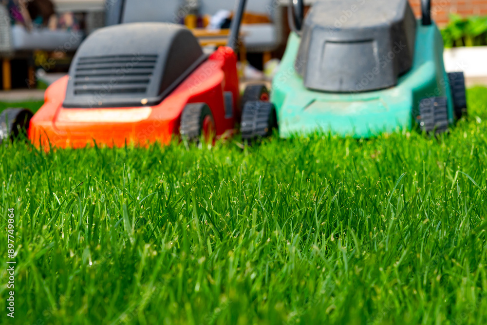 Seasonal maintenance works in garden, lawn movers in action, green grass cutting, lawn care, English lawn Seasonal maintenance works in garden, lawn movers in action, green grass cutting, lawn care, English lawn