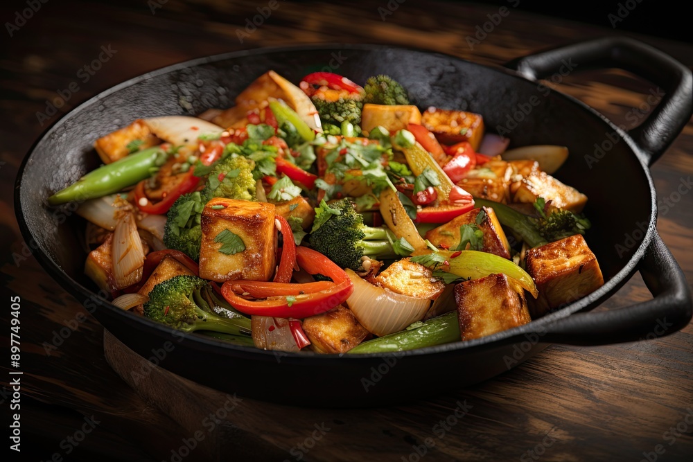 sizzling pan of stir-fried vegetables and tofu sizzling pan of stir-fried vegetables and tofu