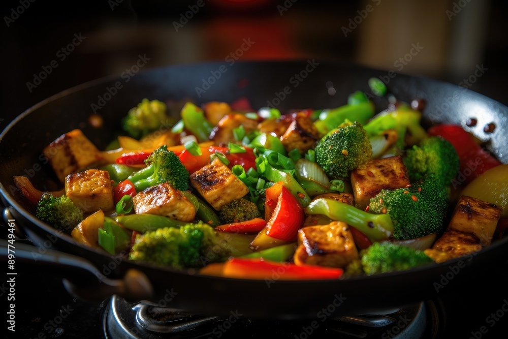 sizzling pan of stir-fried vegetables and tofu sizzling pan of stir-fried vegetables and tofu