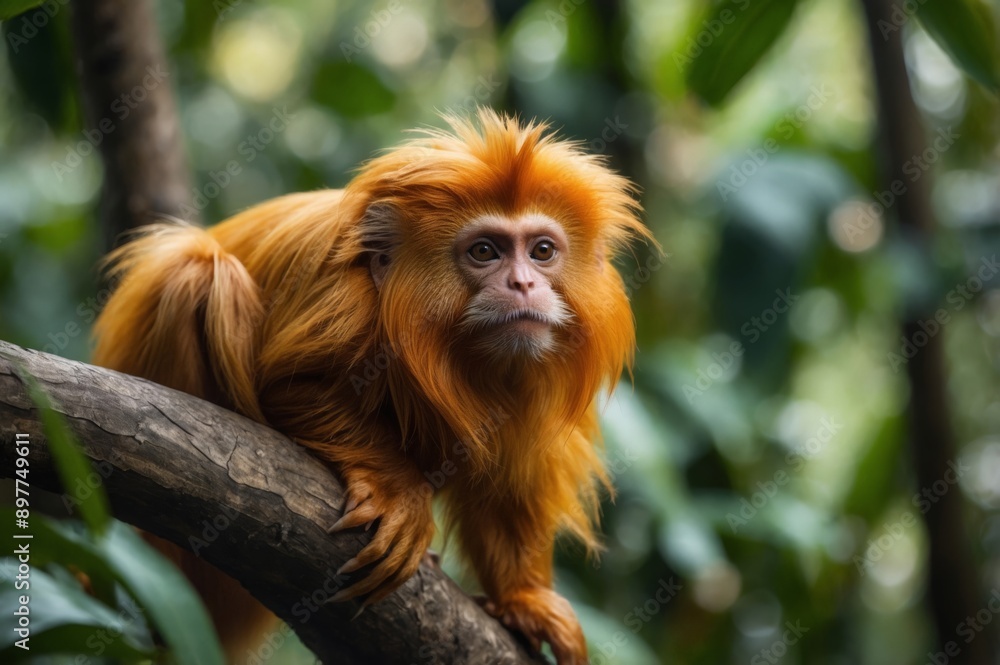 Golden lion tamarin on a tree branch, forest in the background, bokeh background, wildlife concept. Golden lion tamarin on a tree branch, forest in the background, bokeh background, wildlife concept.