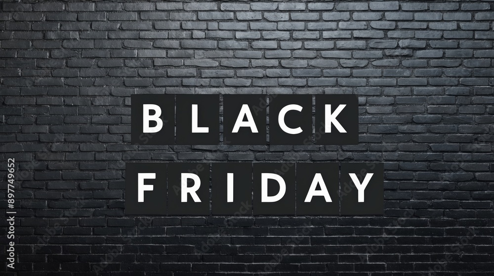 Fototapeta premium Background with black brick wall, with word black friday, concept of promotion and offer.