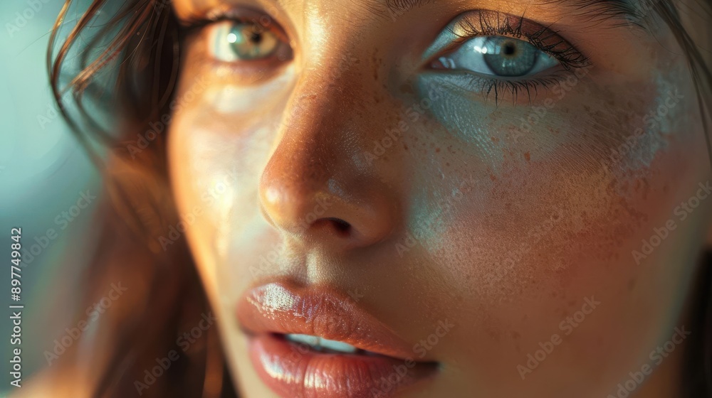 Close-up portrait of a woman highlighting her radiant skin, captivating eyes, and natural beauty in soft, warm lighting. Close-up portrait of a woman highlighting her radiant skin, captivating eyes, and natural beauty in soft, warm lighting.