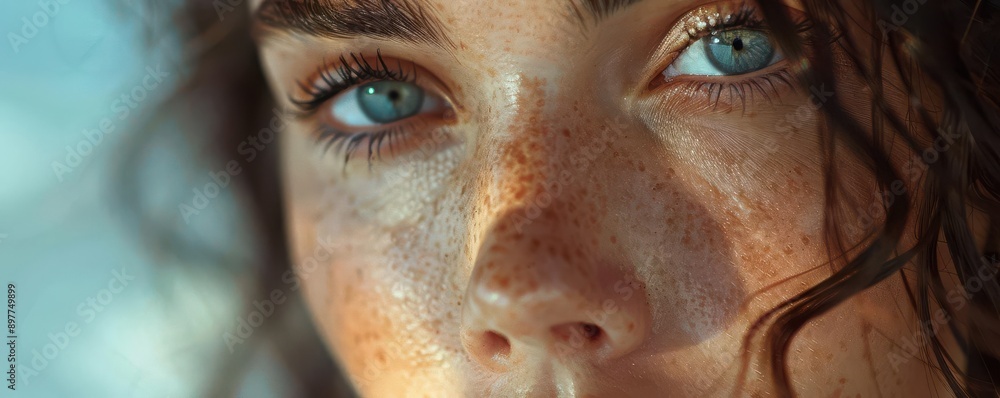 Close-up portrait of a young woman with striking blue eyes and natural freckles, capturing beauty and emotion in soft lighting. Close-up portrait of a young woman with striking blue eyes and natural freckles, capturing beauty and emotion in soft lighting.