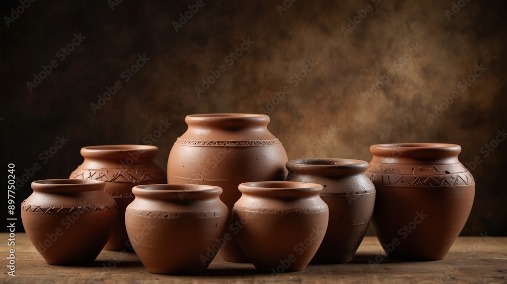 Clay pots, brown textured background, craft concept.