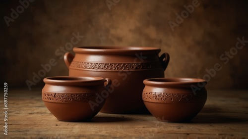 Clay pots, brown textured background, craft concept. photo