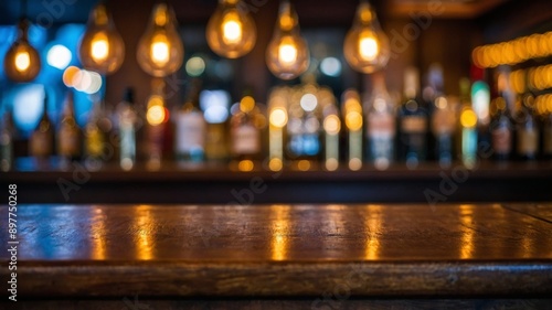 Wooden bar counter, bar with drinks in the background, bokeh background.