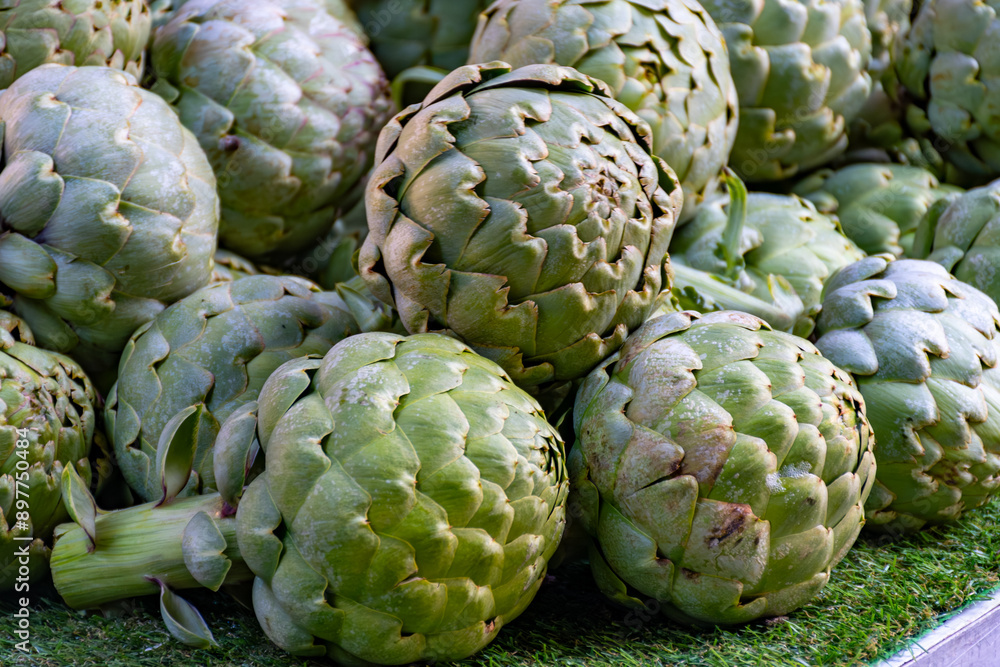 Fototapeta premium Fresh ripe green organic artichokes heads on local farmers market in Dordogne, France