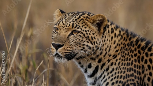 Leopard in African savannah, wildlife concept.