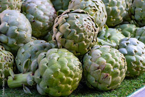 Fresh ripe green organic artichokes heads on local farmers market in Dordogne, France photo