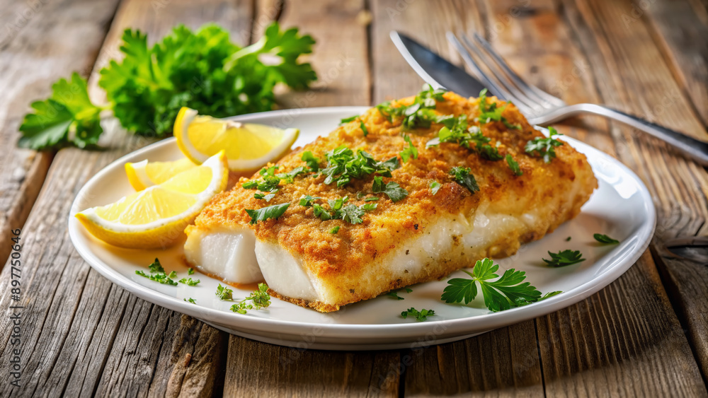 Freshly prepared cod filet with crispy golden brown crust, garnished with parsley and lemon, served on a white plate against a rustic wooden background. Freshly prepared cod filet with crispy golden brown crust, garnished with parsley and lemon, served on a white plate against a rustic wooden background.