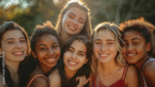 A group of young women from various ethnicities, all smiling and standing closely together