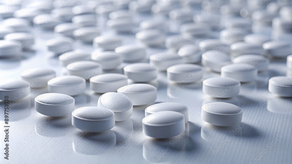 Close-up of white pills scattered on a clean surface, with a few rolling down a slight slope, against a pure white background with soft focus effect. Close-up of white pills scattered on a clean surface, with a few rolling down a slight slope, against a pure white background with soft focus effect.