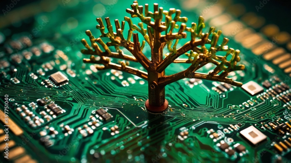Obraz premium Small tree growing from a microchip on a circuit board, technology and sustainability concept.