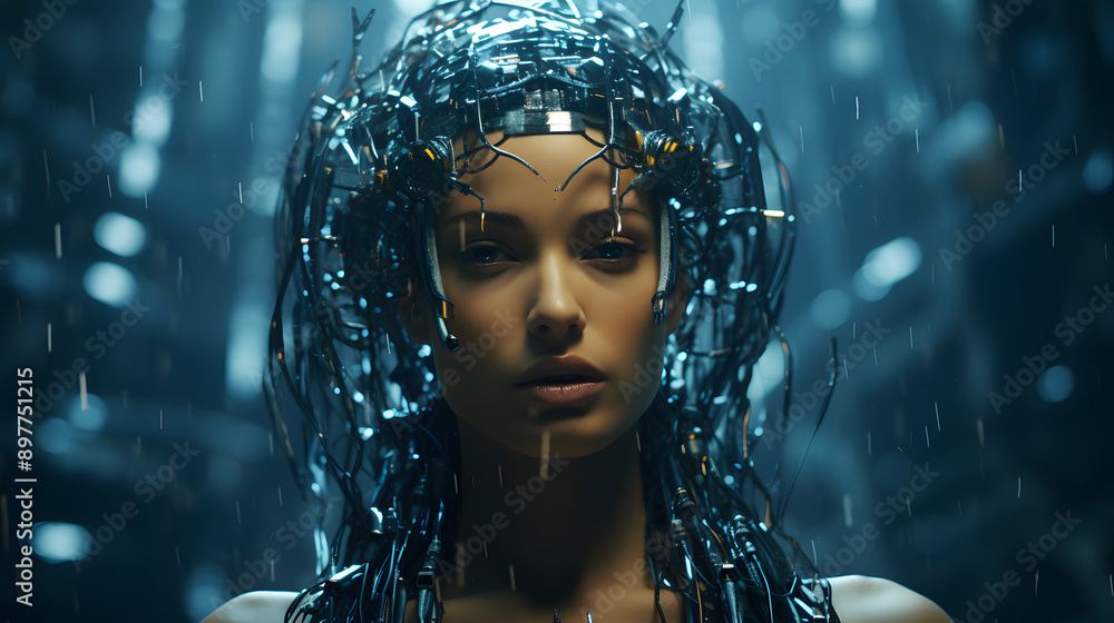 A woman's face is obscured by a complex network of wires and metal, creating a futuristic and otherworldly image. A woman's face is obscured by a complex network of wires and metal, creating a futuristic and otherworldly image.