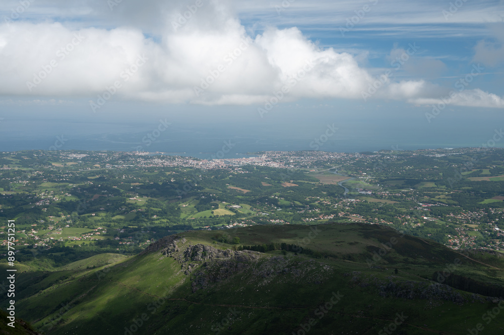 Fototapeta premium Travelling by old wooden train up to Larrun or La Rhune, Larhune mountain at the western end of the Pyrenees located on border of France and Spain, in traditional Basque provinces Labourd and Navarra