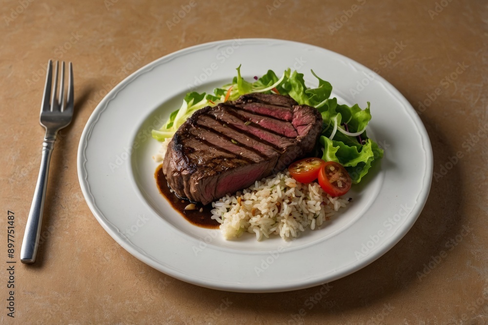 Plate with rice, steak and lettuce salad, cooking and gastronomy concept. Plate with rice, steak and lettuce salad, cooking and gastronomy concept.