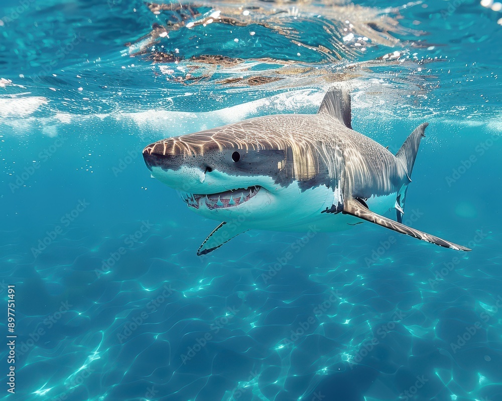Fototapeta premium Majestic Great White Shark Gliding Under Clear Blue Water with Dorsal Fin Above Waves