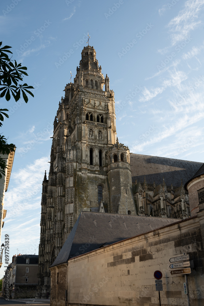 Fototapeta premium Tours street view, city on Central Loire valley, cathedral of Tours, dedicated to Saint Gatien, visiting on castles of Loire valley, France