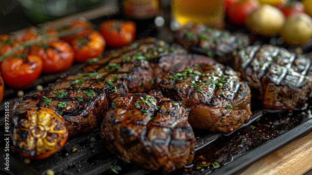 Grilled Steak and Tomatoes on a Black Grill Grilled Steak and Tomatoes on a Black Grill