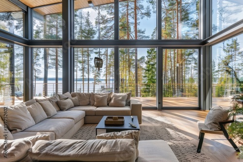 Luxury living room with panoramic windows overlooking the lake