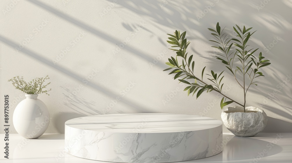 Marble podium with olive tree leaves for product display Marble podium with olive tree leaves for product display