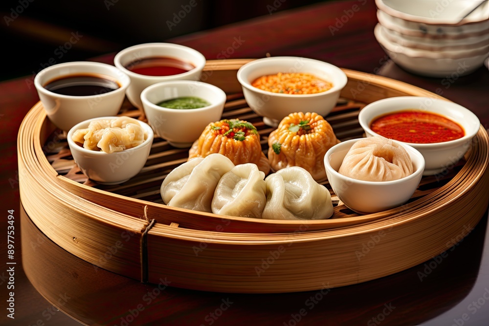 tray of assorted dim sum with dipping sauces tray of assorted dim sum with dipping sauces