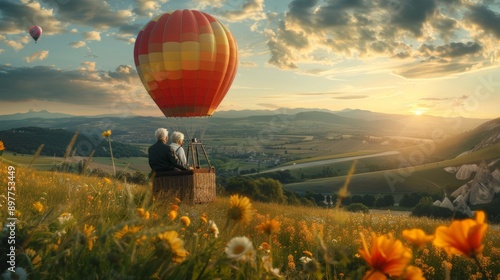 A photograph of an elderly couple enjoying a scenic hot air balloon ride over rolling hills and fields of wildflowers. Ultra detailed, photorealistic photo