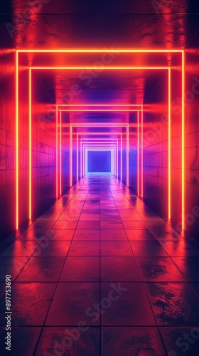 Neon lit futuristic tunnel with glowing geometric frames