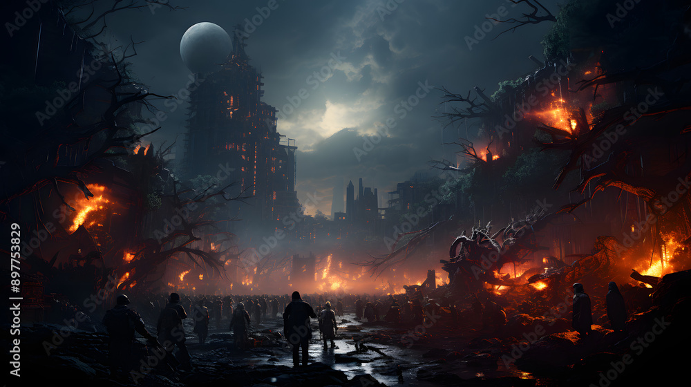 A dark and apocalyptic scene with a burning city and a large crowd of people walking through the ruins. The scene is lit by the glow of the flames. A dark and apocalyptic scene with a burning city and a large crowd of people walking through the ruins. The scene is lit by the glow of the flames.