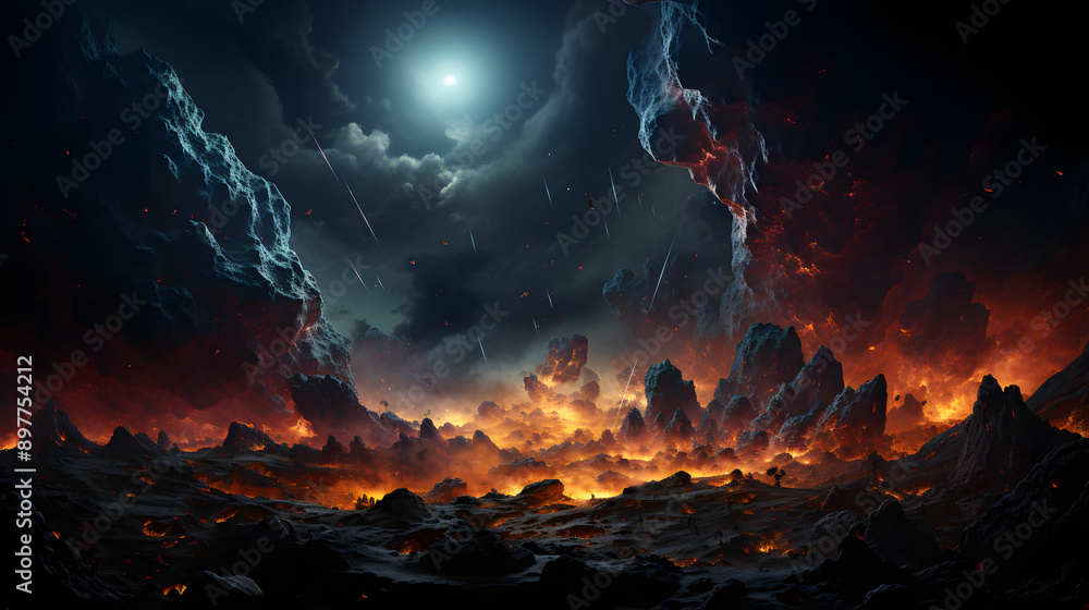 A fiery, otherworldly landscape with jagged rock formations and glowing lava flows. The sky is filled with shooting stars and a bright moon. The scene evokes a sense of danger and wonder. A fiery, otherworldly landscape with jagged rock formations and glowing lava flows. The sky is filled with shooting stars and a bright moon. The scene evokes a sense of danger and wonder.