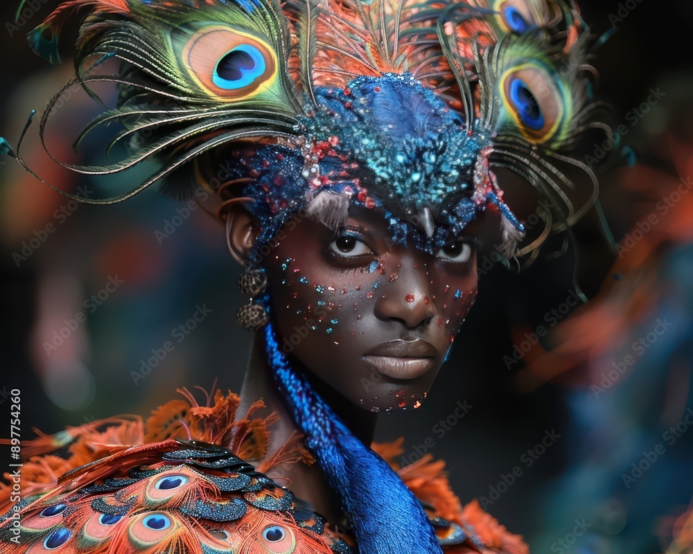 Striking Hybrid Beauty: Human with Peacock Head Struts Fashion Runway in Elegant Attire Striking Hybrid Beauty: Human with Peacock Head Struts Fashion Runway in Elegant Attire
