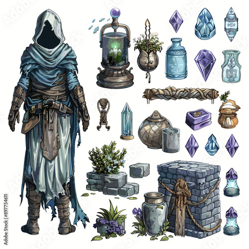 Set of magic objects. Witch, crystal, potion, stone