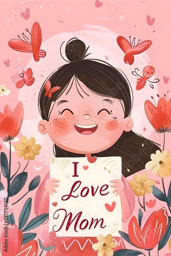 A smiling girl with black hair and a top bun holds an "I Love Mom" sign, surrounded by flowers and butterflies on a pink background, radiating love and happiness.