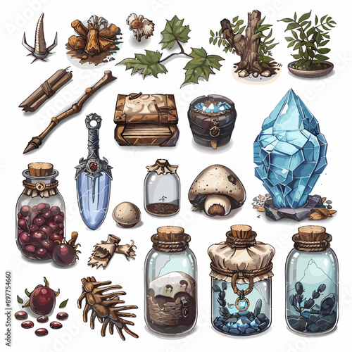 Set of magic potion bottles, glass jars with different potion elements