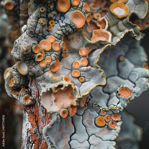 Close-up of a lichen colony with vibrant colors and textures. photo