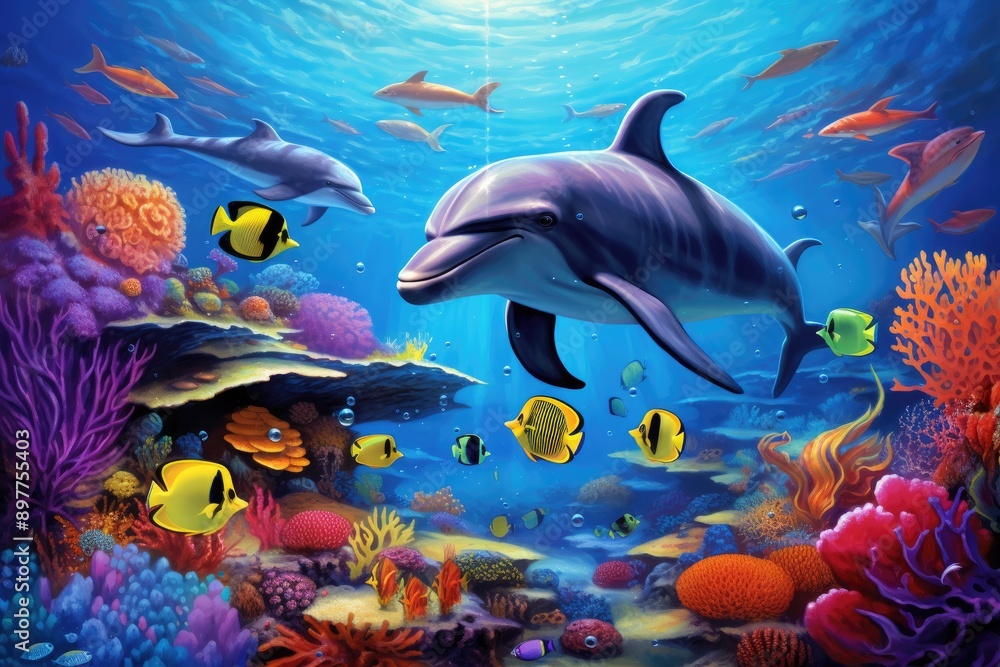 Fototapeta premium whimsical underwater scene with friendly mermaids and playful sea creatures