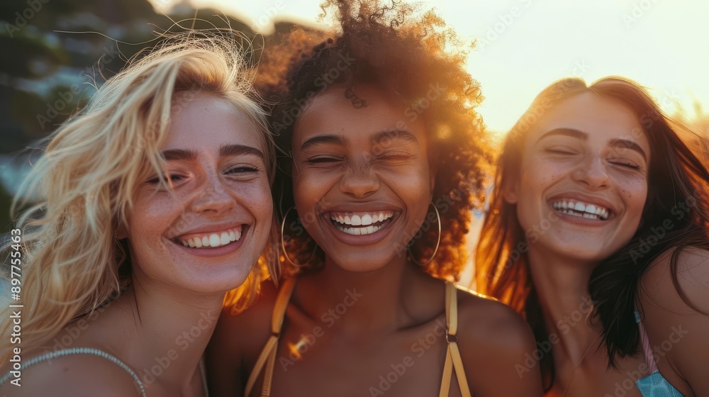 Joyful friends enjoying a sunny day at the beach, capturing the essence of friendship and happiness together. Joyful friends enjoying a sunny day at the beach, capturing the essence of friendship and happiness together.
