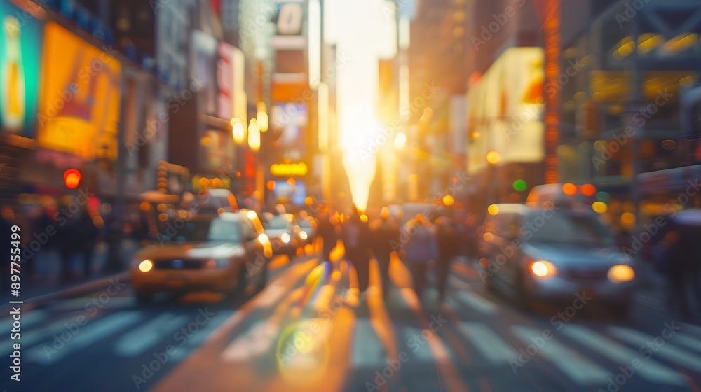 Blurry Cityscape at Sunset with People and Cars Blurry Cityscape at Sunset with People and Cars