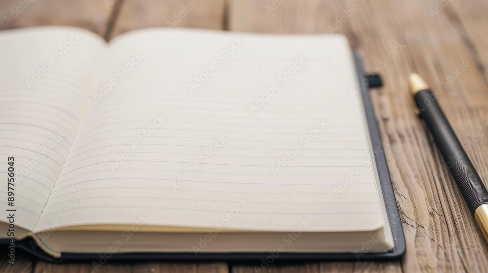 Open Notebook with Black Pen on Wooden Table Open Notebook with Black Pen on Wooden Table