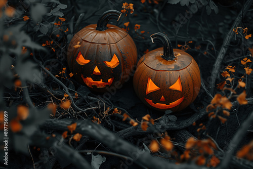 Spooky halloween card of two pumpkin lanterns in the dark autumn forest