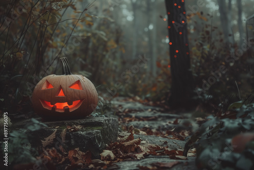 Jack-o'-lantern pumpkin in the spooky dark autumn forest, halloween card, copy space for text