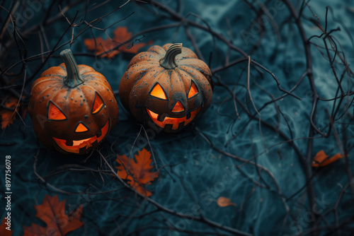 Halloween composition, two jack o lanterns, autumn branches, leaves and spider net