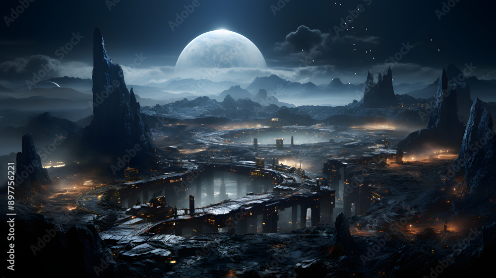 A futuristic city sits nestled among the sharp, rocky peaks of a distant planet under a full moon, bathed in the soft glow of the city lights. A futuristic city sits nestled among the sharp, rocky peaks of a distant planet under a full moon, bathed in the soft glow of the city lights.