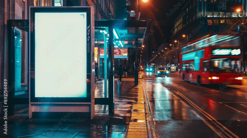 Empty Bus Stop at Night with Billboard Empty Bus Stop at Night with Billboard