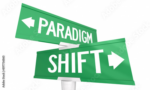 Foto Paradigm Shift Two Green Road Street Signs New Change Direction 3d Illustration