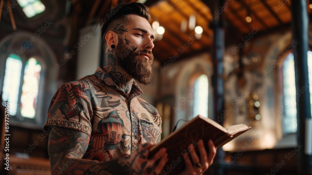 tattooed man in a church with open bible tattooed man in a church with open bible