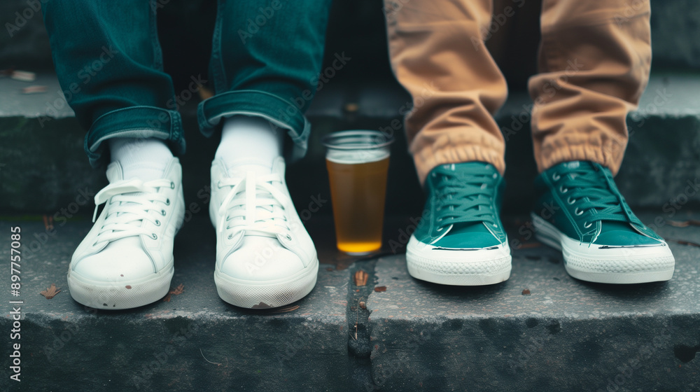 Two people sitting on steps wearing casual sneakers and holding drinks, relaxed, outdoor Two people sitting on steps wearing casual sneakers and holding drinks, relaxed, outdoor