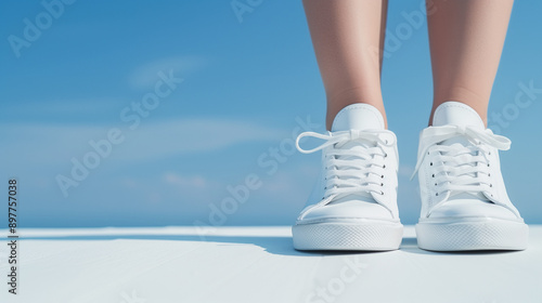 Clean and simple image of legs in white sneakers against a plain backdrop, minimal, fashion