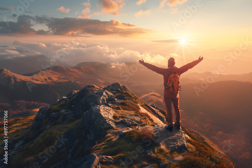 Exhilarating Freedom: Embracing Liberty on a Mountain Summit in the Warm Glow of Sunset