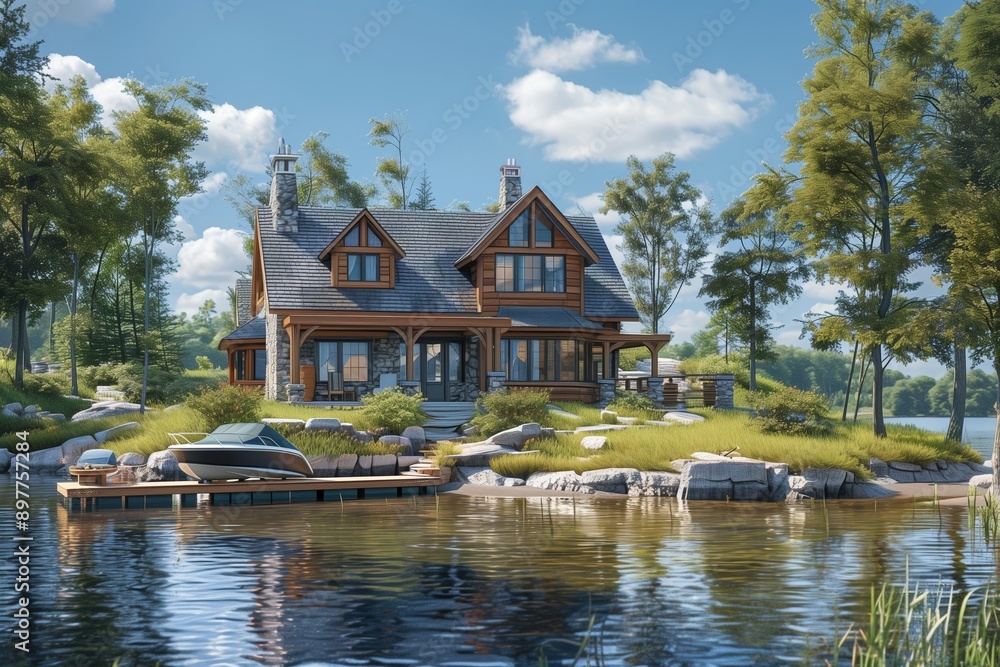 Fototapeta premium Serene Lakefront Home with Dock and Boat